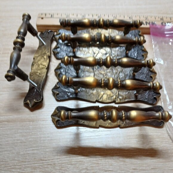 Vintage 1970s Amerock Brass Drawer Handles Pulls with Backplates 6 sets/pc #2CC - Picture 7 of 8